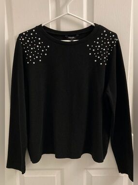 NWT plus size black knit sweater with pearl shoulder detailing, classic style